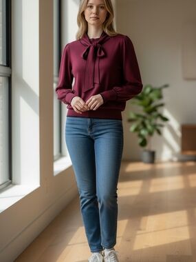 Liz Claiborne Wine Red Knit Top with Black Trim and Neck Tie Sz XL